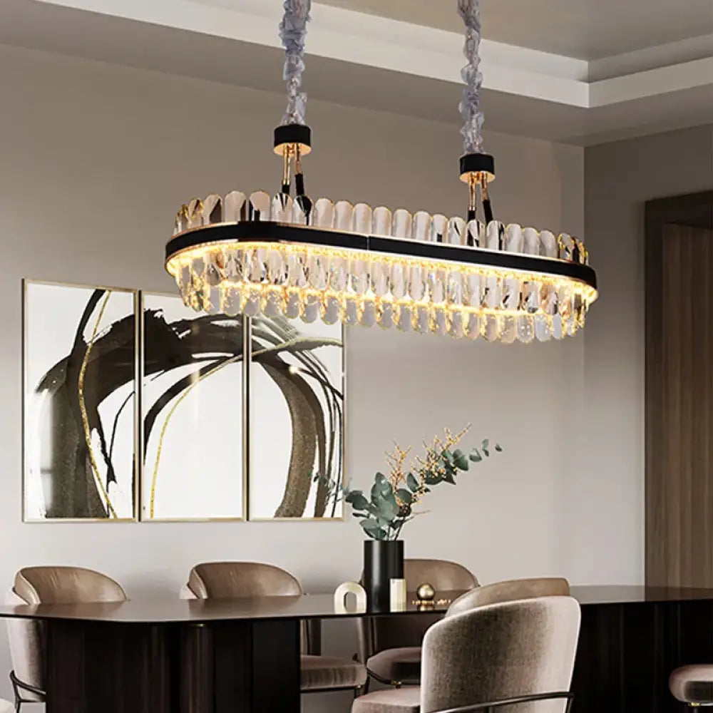 Dimmable LED Crystal Oval Ceiling Chandeliers - Black Leather Luxury Lustres for Dining Room Decor - DecorGlobe