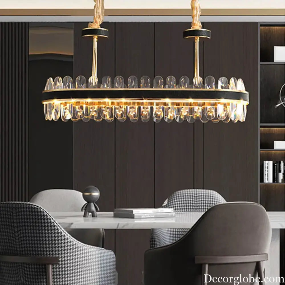 Dimmable LED Crystal Oval Ceiling Chandeliers - Black Leather Luxury Lustres for Dining Room Decor - DecorGlobe