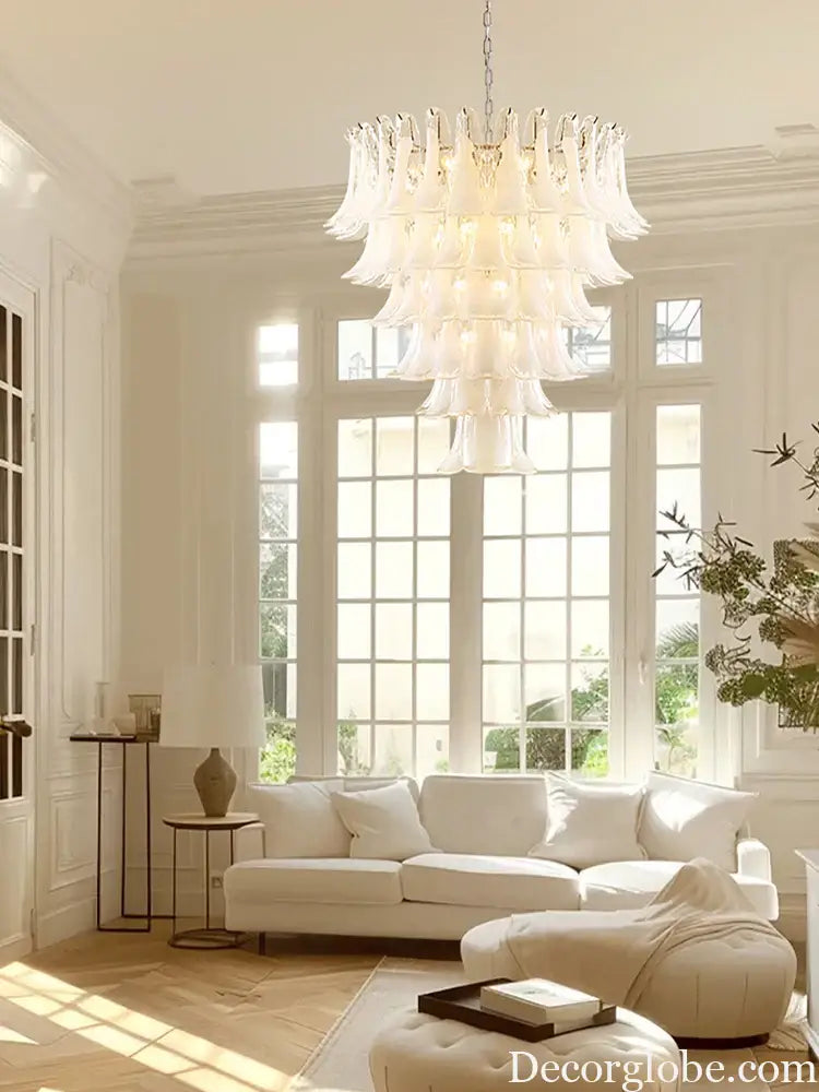 Elara White Petal Glass LED Chandelier for Staircase &amp; Villa Décor - DecorGlobe