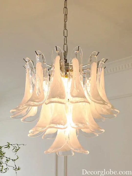 Elara White Petal Glass LED Chandelier for Staircase &amp; Villa Décor - DecorGlobe