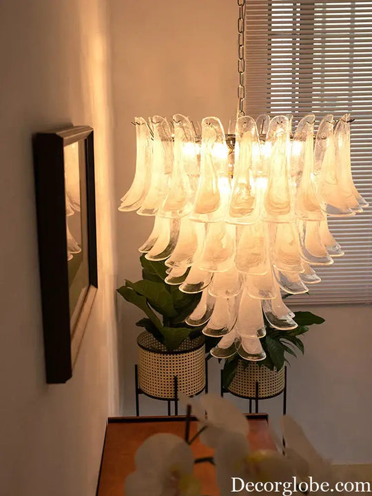 Elara White Petal Glass LED Chandelier for Staircase &amp; Villa Décor - DecorGlobe