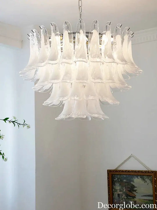 Elara White Petal Glass LED Chandelier for Staircase &amp; Villa Décor - DecorGlobe