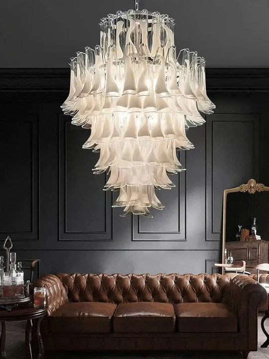 Elara White Petal Glass LED Chandelier for Staircase &amp; Villa Décor - DecorGlobe