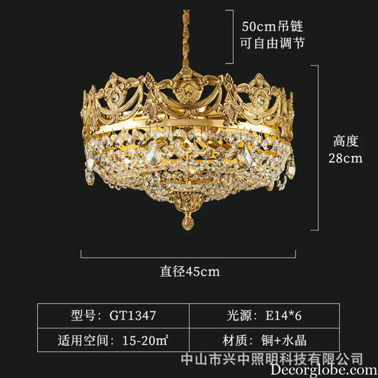 Eleanor French Crown Crystal Copper Chandelier for Living Room Diameter 45cm height 28cm Chandelier