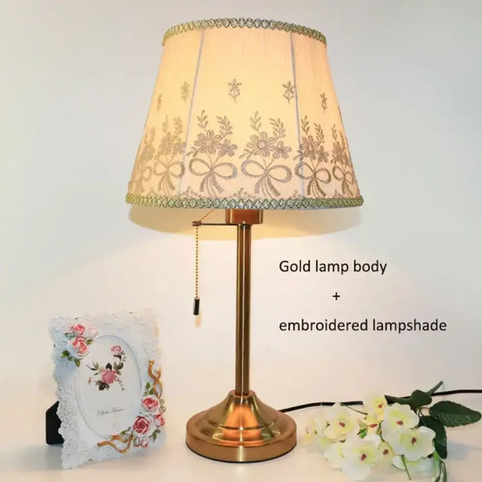 Sophie American Metal Fabric Bedside Table Lamp E27 Reading Light - C Gold Embroidered