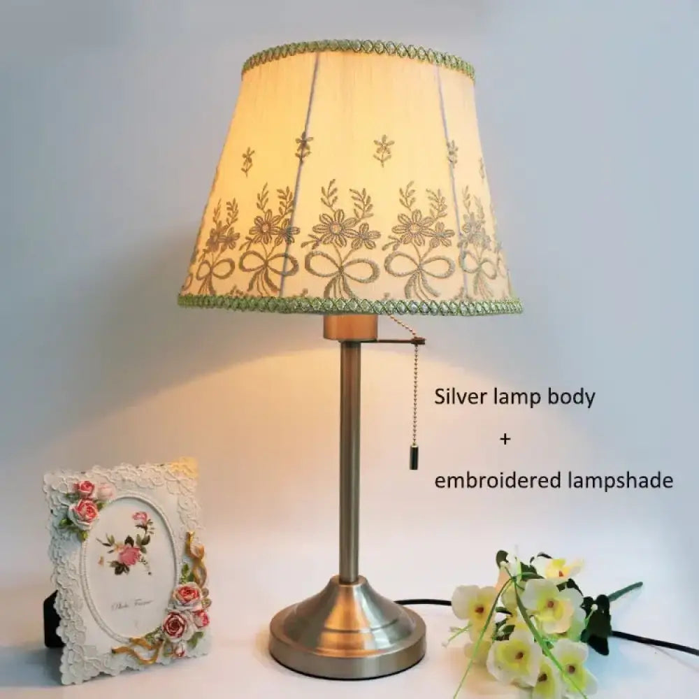 Sophie American Metal Fabric Bedside Table Lamp E27 Reading Light - CSilver Embroidered