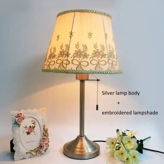 Sophie American Metal Fabric Bedside Table Lamp E27 Reading Light - CSilver Embroidered