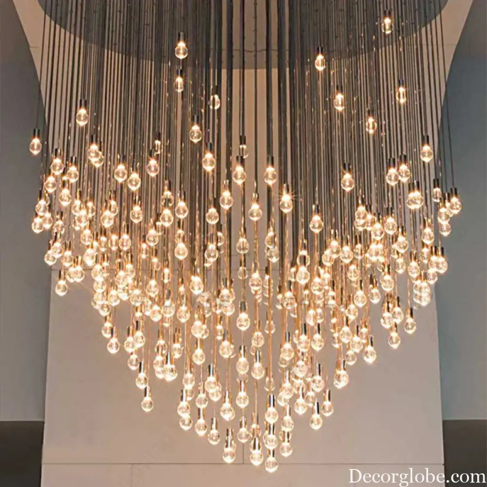 Exquisite Modern Long Staircase Chandelier - Large Gold LED Luxury Crystal Ball Fixture for Grand Living Spaces and Hotel Exhibitions - DecorGlobe