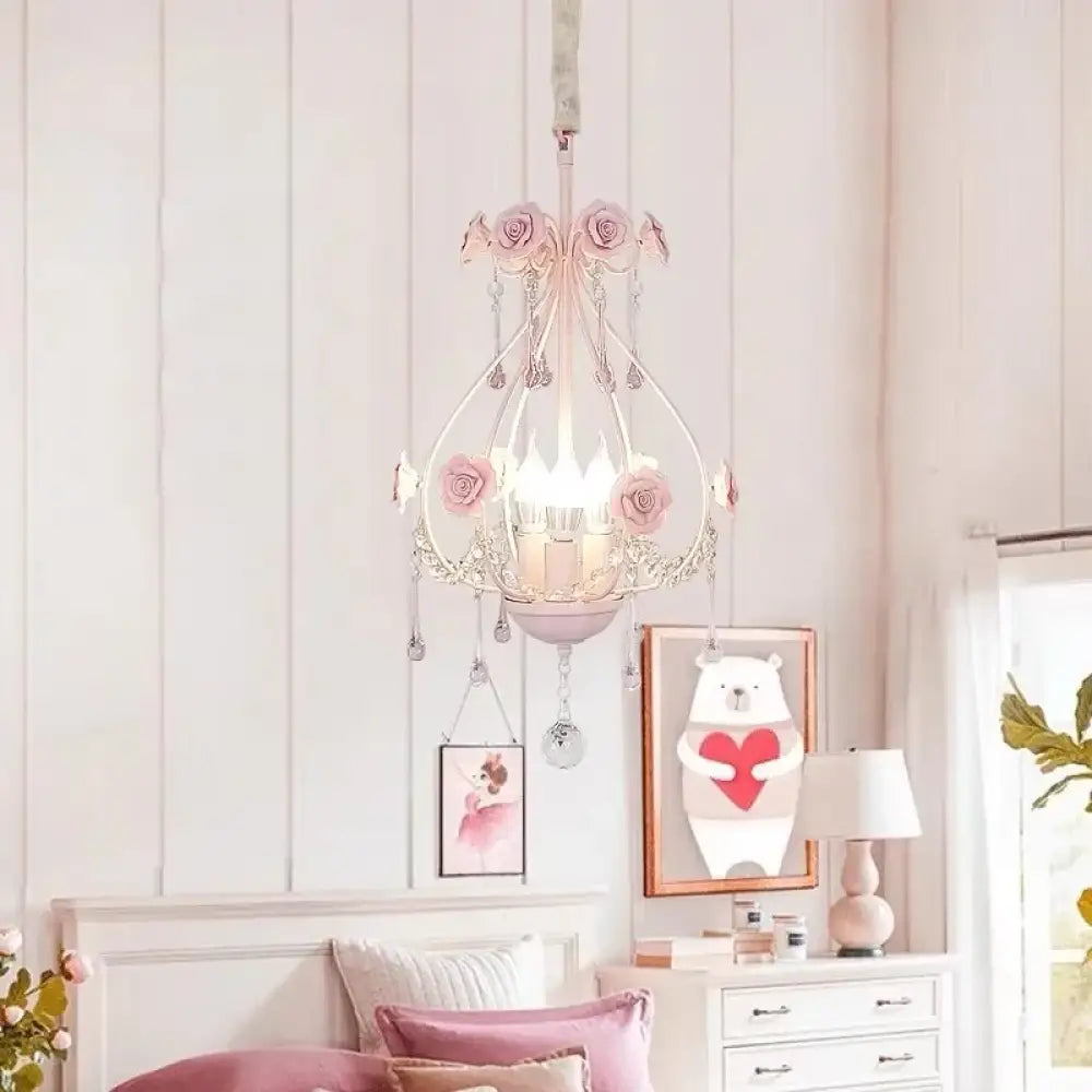Korean Princess Room Crystal Bedroom Pendant Lamp Cozy Children’s Room Decor Romantic Girl Rose Chandelier Art Lighting