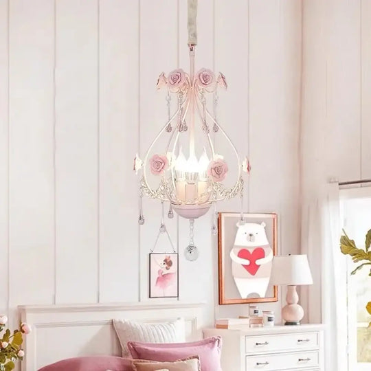 Korean Princess Room Crystal Bedroom Pendant Lamp Cozy Children’s Room Decor Romantic Girl Rose Chandelier Art Lighting