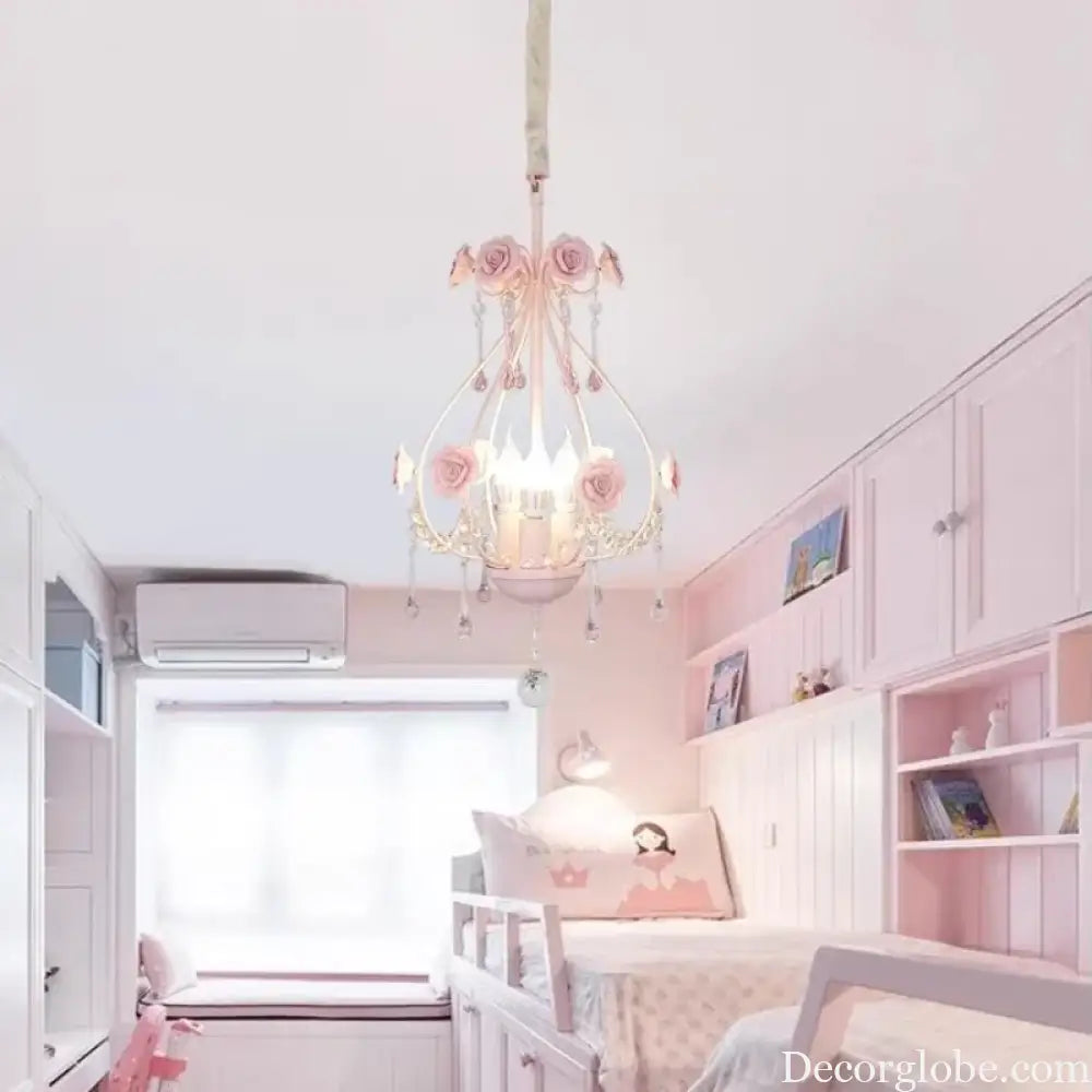 Korean Princess Room Crystal Bedroom Pendant Lamp Cozy Children’s Room Decor Romantic Girl Rose Chandelier Art Lighting