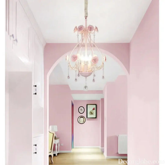 Korean Princess Room Crystal Bedroom Pendant Lamp Cozy Children’s Room Decor Romantic Girl Rose Chandelier Art Lighting