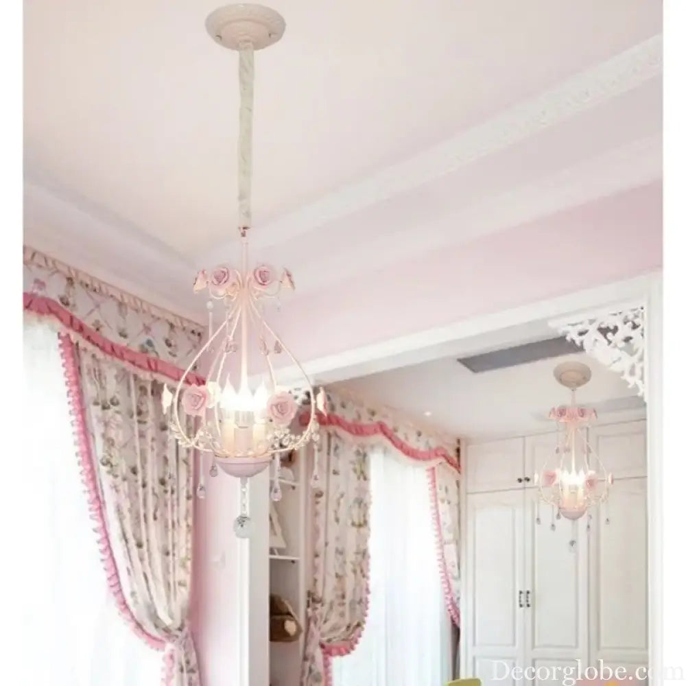 Korean Princess Room Crystal Bedroom Pendant Lamp Cozy Children’s Room Decor Romantic Girl Rose Chandelier Art Lighting