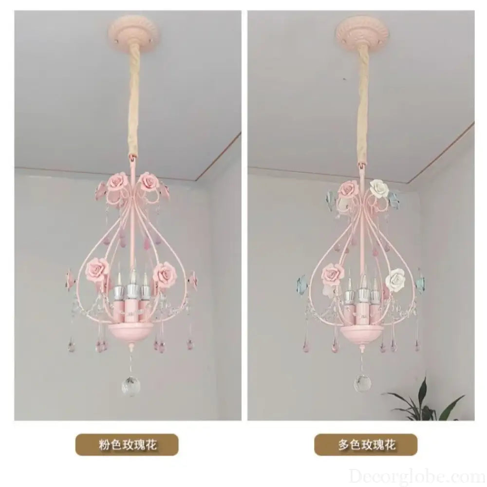 Korean Princess Room Crystal Bedroom Pendant Lamp Cozy Children’s Room Decor Romantic Girl Rose Chandelier Art Lighting