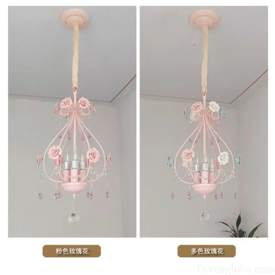 Korean Princess Room Crystal Bedroom Pendant Lamp Cozy Children’s Room Decor Romantic Girl Rose Chandelier Art Lighting