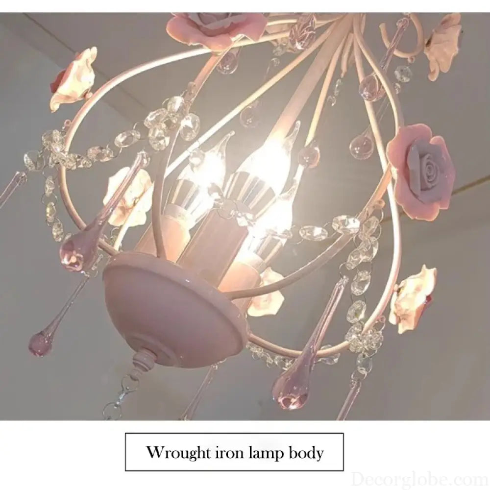 Korean Princess Room Crystal Bedroom Pendant Lamp Cozy Children’s Room Decor Romantic Girl Rose Chandelier Art Lighting