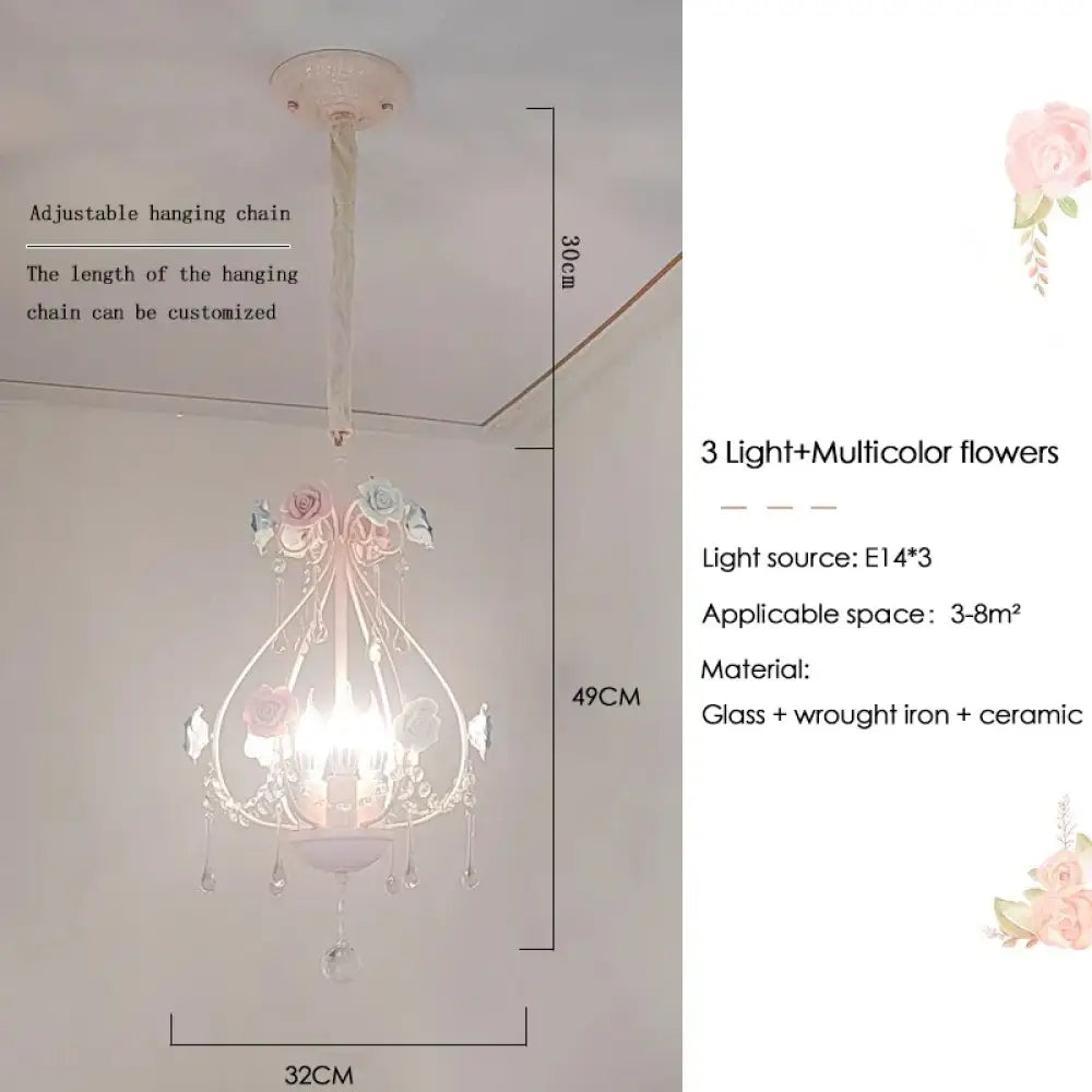 Korean Princess Room Crystal Bedroom Pendant Lamp Cozy Children’s Room Decor Romantic Girl Rose Chandelier Art Lighting