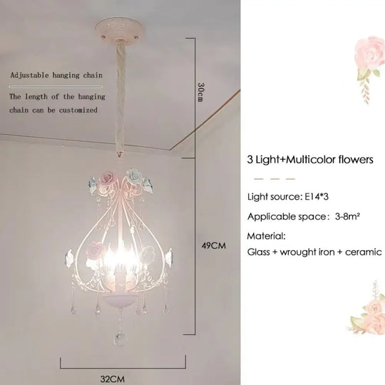 Korean Princess Room Crystal Bedroom Pendant Lamp Cozy Children’s Room Decor Romantic Girl Rose Chandelier Art Lighting