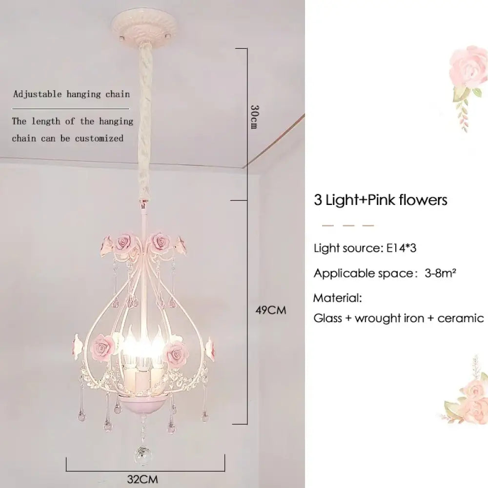 Korean Princess Room Crystal Bedroom Pendant Lamp Cozy Children’s Room Decor Romantic Girl Rose Chandelier Art Lighting