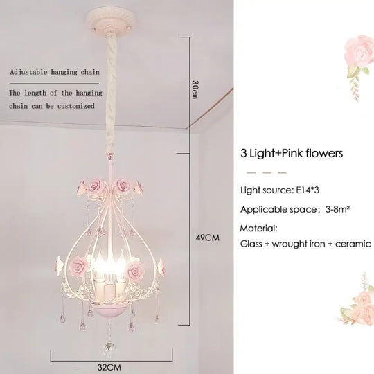 Korean Princess Room Crystal Bedroom Pendant Lamp Cozy Children’s Room Decor Romantic Girl Rose Chandelier Art Lighting