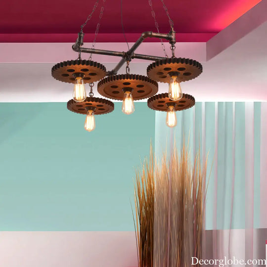 Farmhouse Bronze Metal Chandelier - 5 Lights Open Bulb Hanging Light Kit for Restaurants Bronze