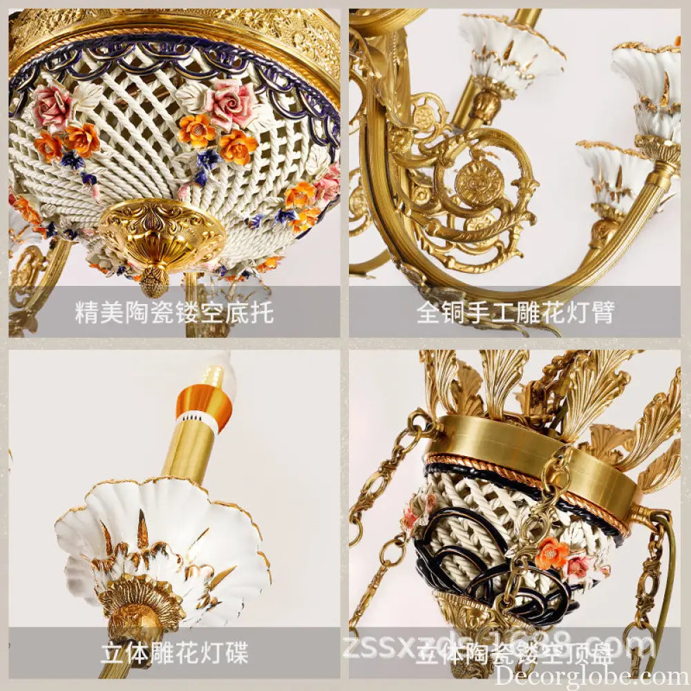 French style copper chandelier living room European style villa lamp luxury ceramic light luxury lamps bedroom pure