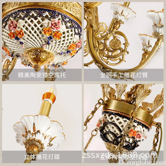 French style copper chandelier living room European style villa lamp luxury ceramic light luxury lamps bedroom pure