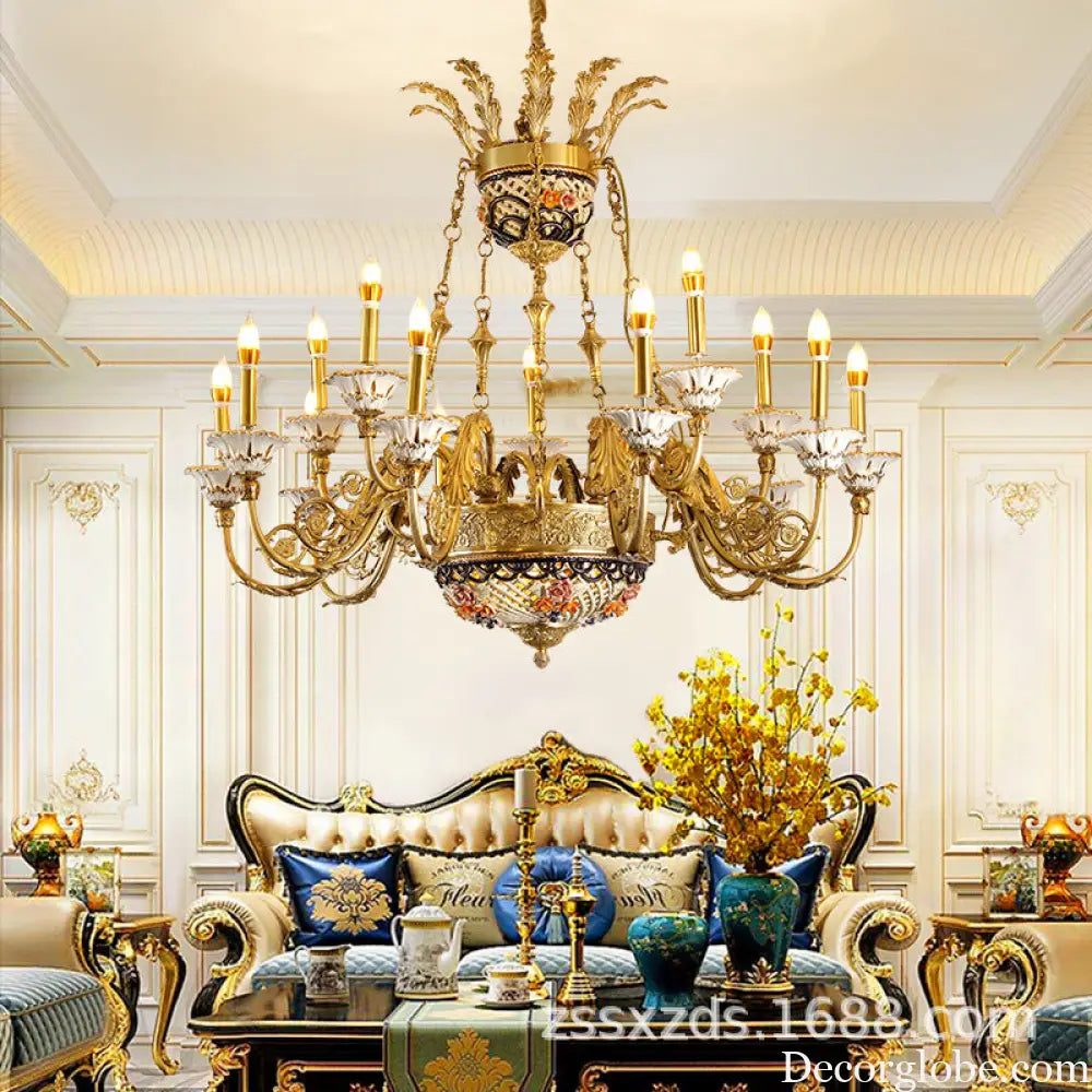 French style copper chandelier living room European style villa lamp luxury ceramic light luxury lamps bedroom pure
