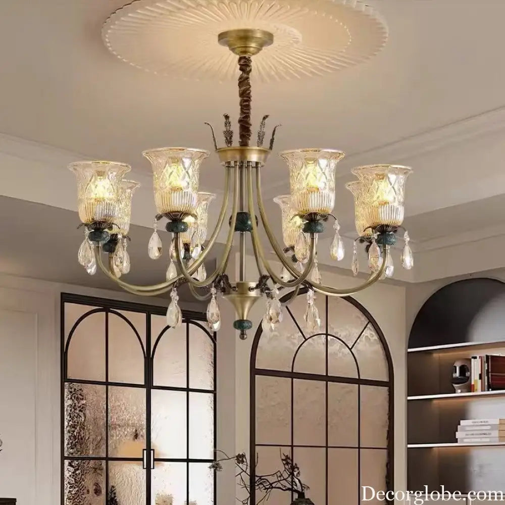 French-Style Vintage All-Copper Solid Wood Main Lighting Fixture for Living Room and Hall Retro American-Style Dining