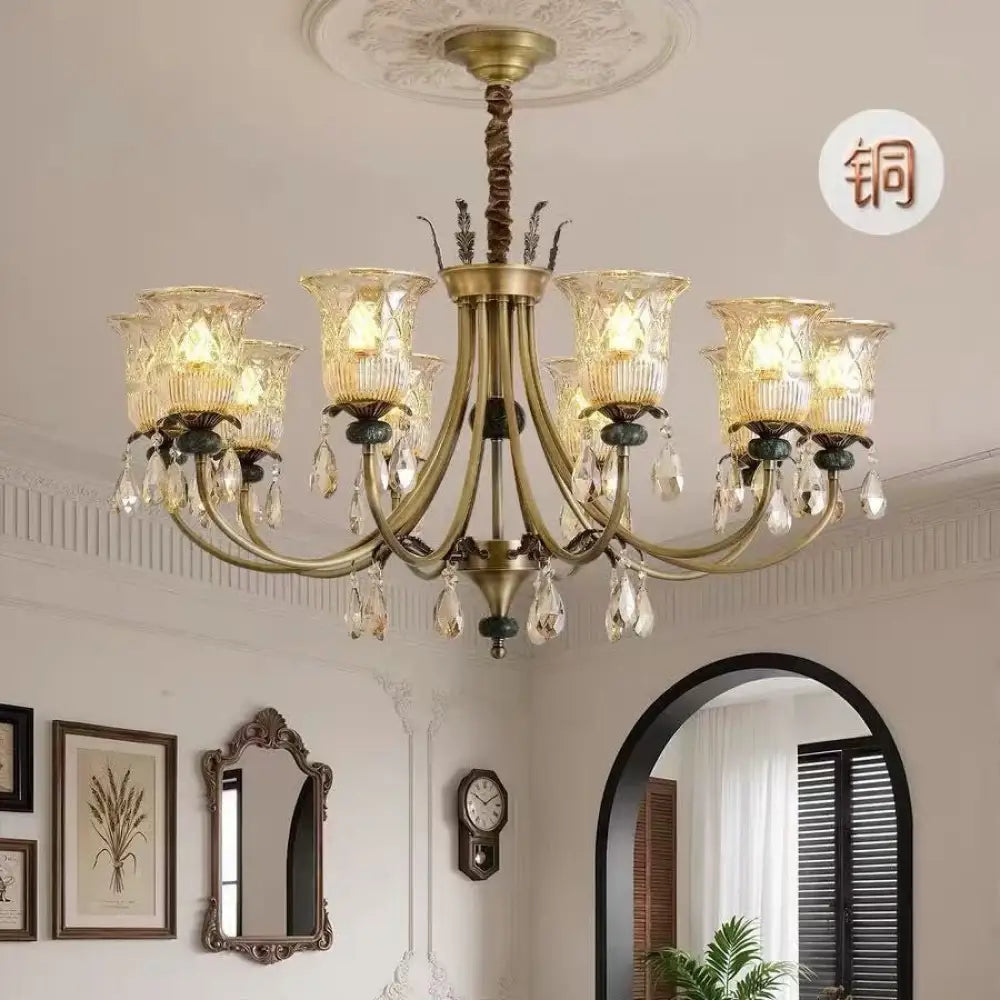 French-Style Vintage All-Copper Solid Wood Main Lighting Fixture for Living Room and Hall Retro American-Style Dining