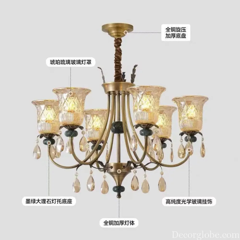 French-Style Vintage All-Copper Solid Wood Main Lighting Fixture for Living Room and Hall Retro American-Style Dining