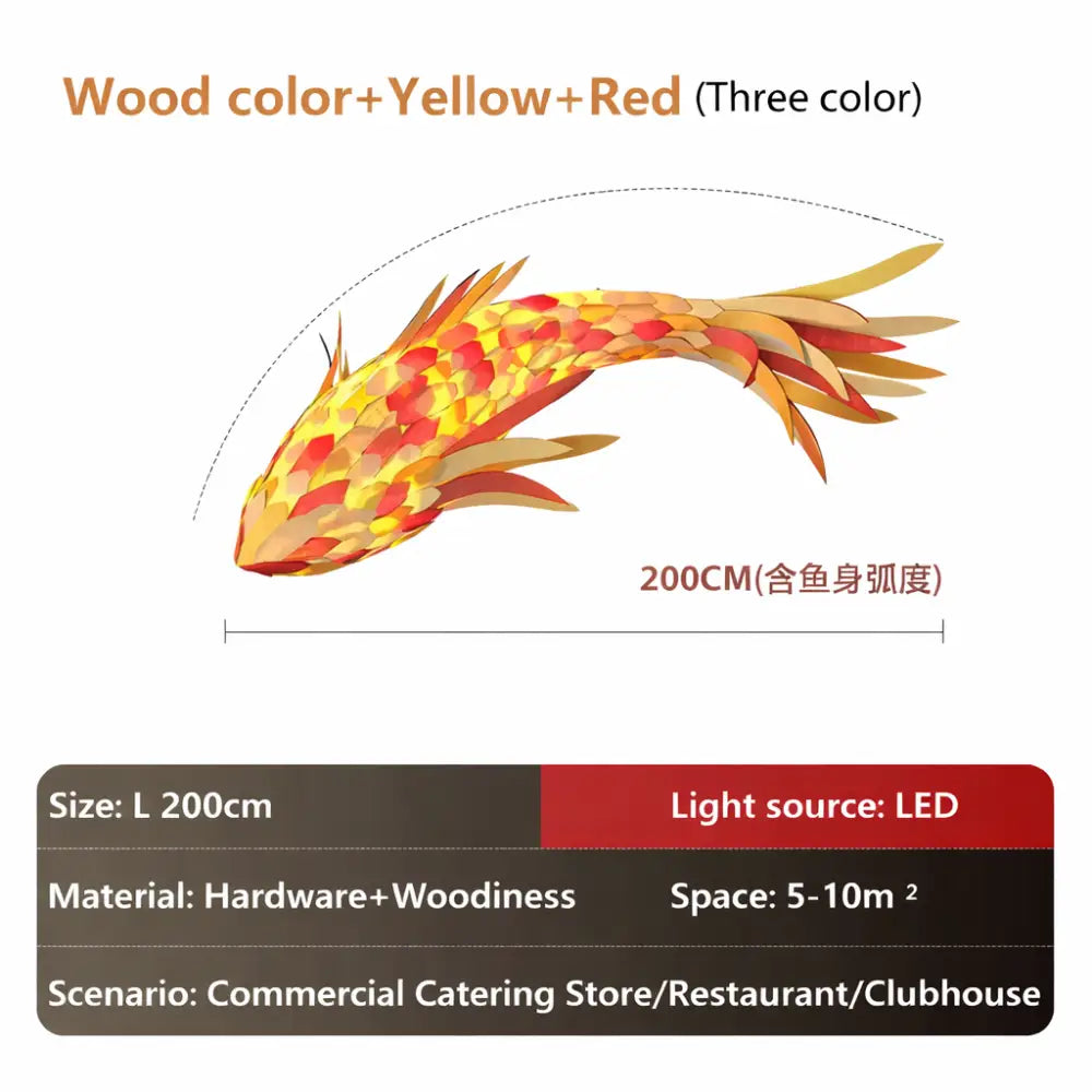 Decorative Fish Shaped Chandelier Pendant Light for Restaurant &amp; Cafe Interiors | 200cm / Red color / white light