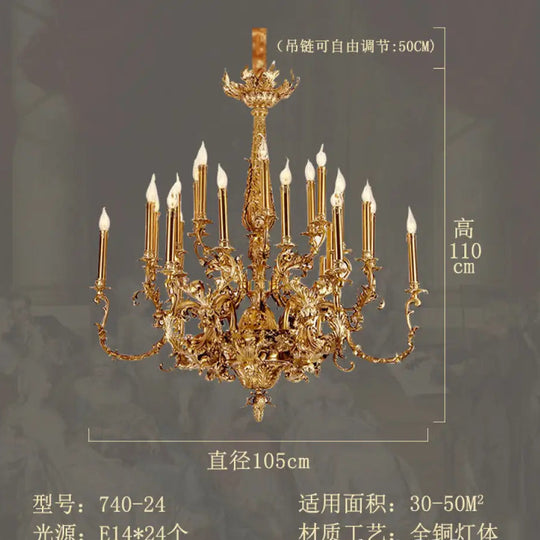 Villa living room chandelier European hotel restaurant copper candle lamp creative personality French duplex building