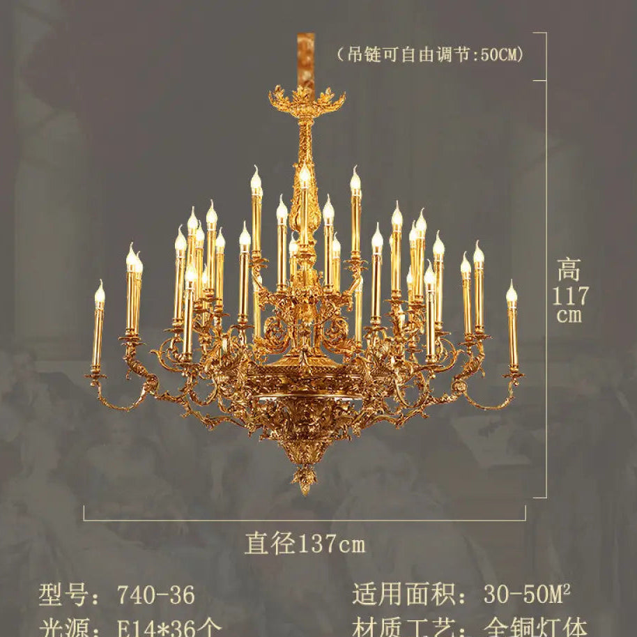 Villa living room chandelier European hotel restaurant copper candle lamp creative personality French duplex building