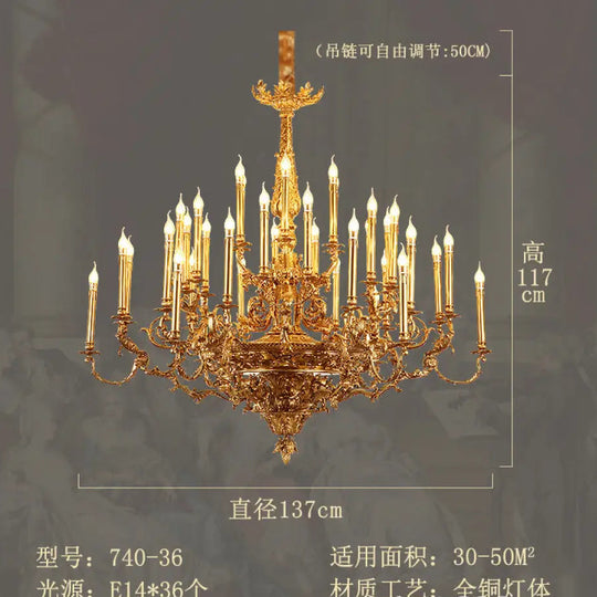 Villa living room chandelier European hotel restaurant copper candle lamp creative personality French duplex building