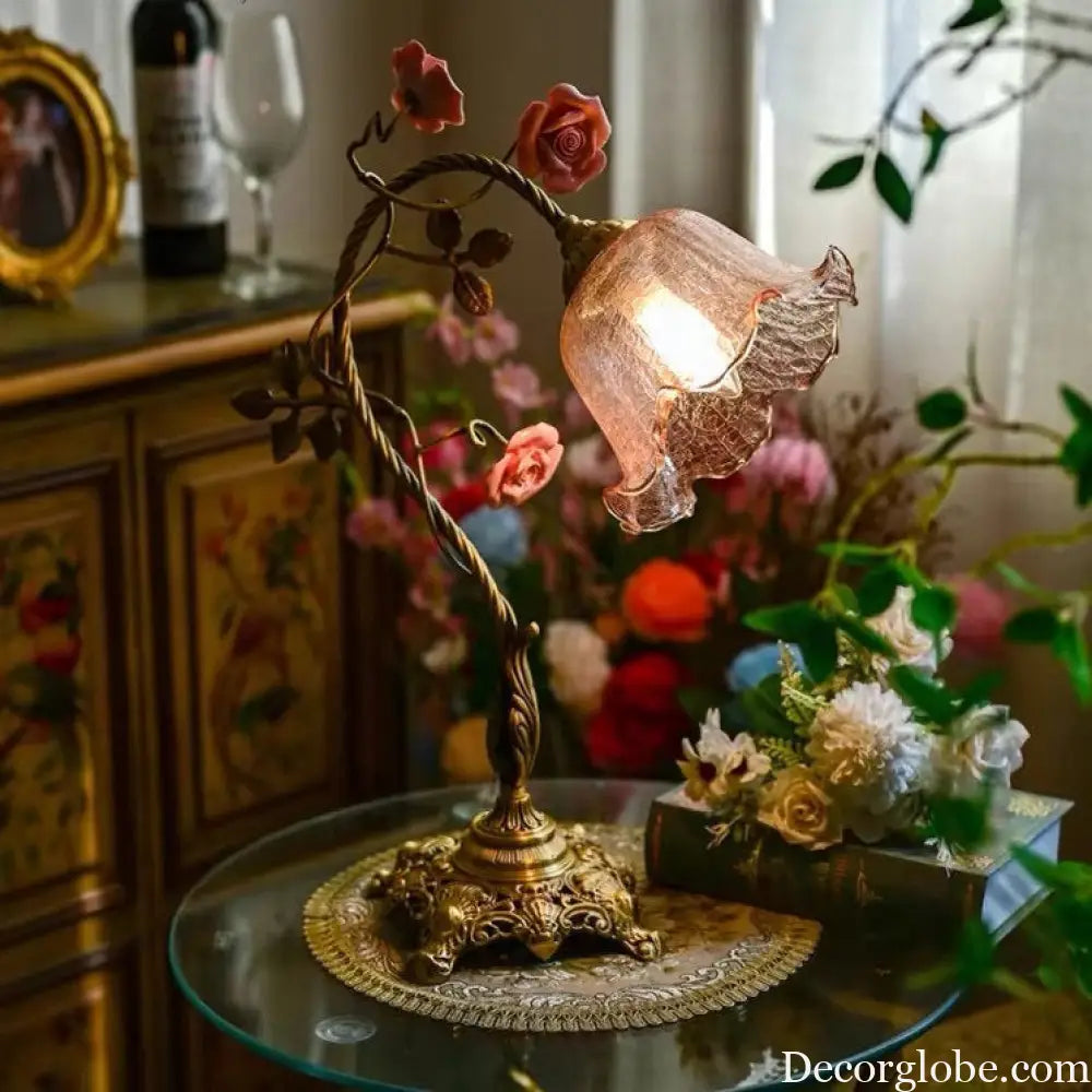 Vintage French Retro Table Lamp Medieval Brass Pastoral Style Rose Atmosphere Living Room Bedroom Bedside Table Lamp