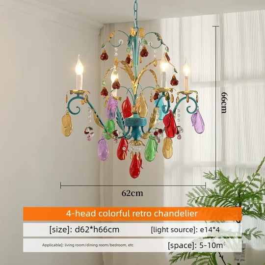 French Colorful Droplets Chandelier Light Nordic Candle Style Pendant Lamp Iron Crystal Home Living Dining Room