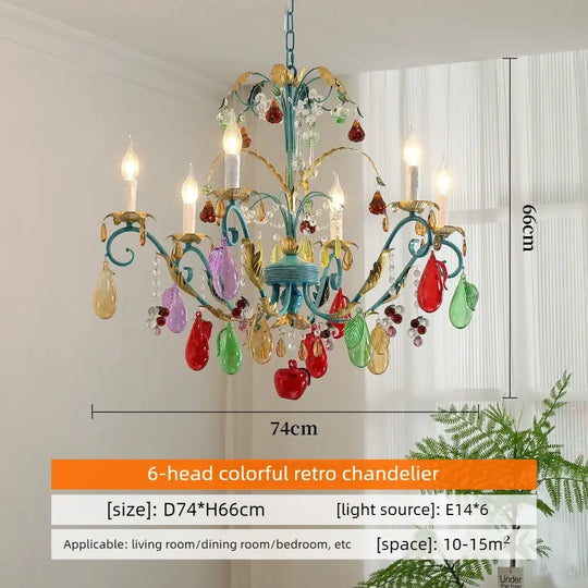 French Colorful Droplets Chandelier Light Nordic Candle Style Pendant Lamp Iron Crystal Home Living Dining Room