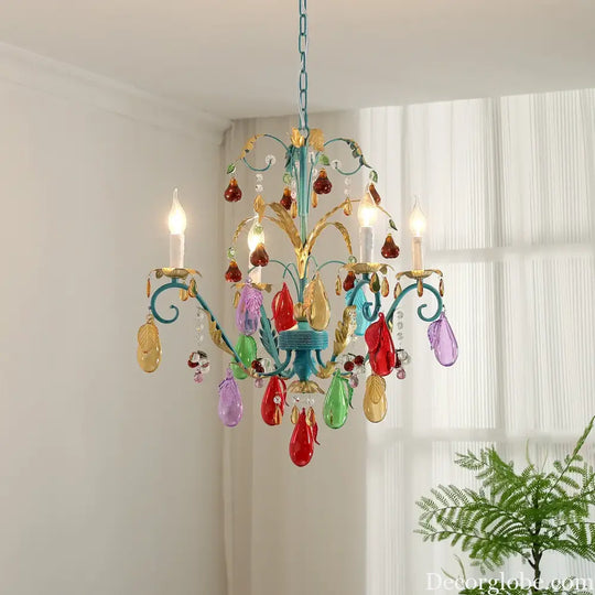 French Colorful Droplets Chandelier Light Nordic Candle Style Pendant Lamp Iron Crystal Home Living Dining Room