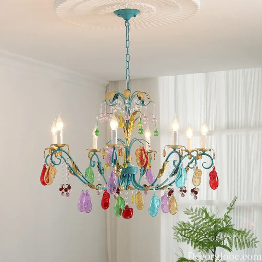 French Colorful Droplets Chandelier Light Nordic Candle Style Pendant Lamp Iron Crystal Home Living Dining Room