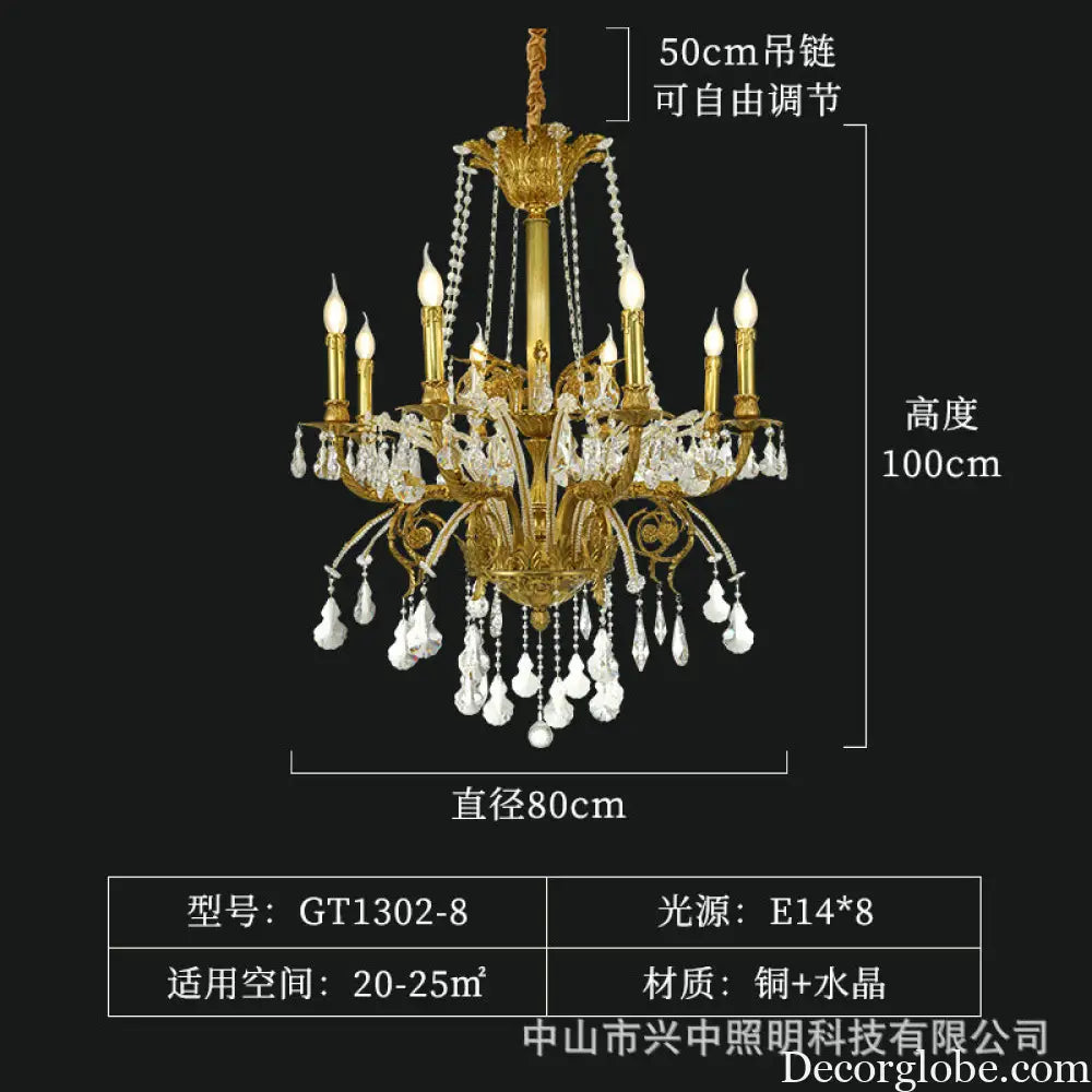 French Luxury Crystal Copper Chandelier for Villa Interiors 8 heads (diameter 80cm, height 100cm)