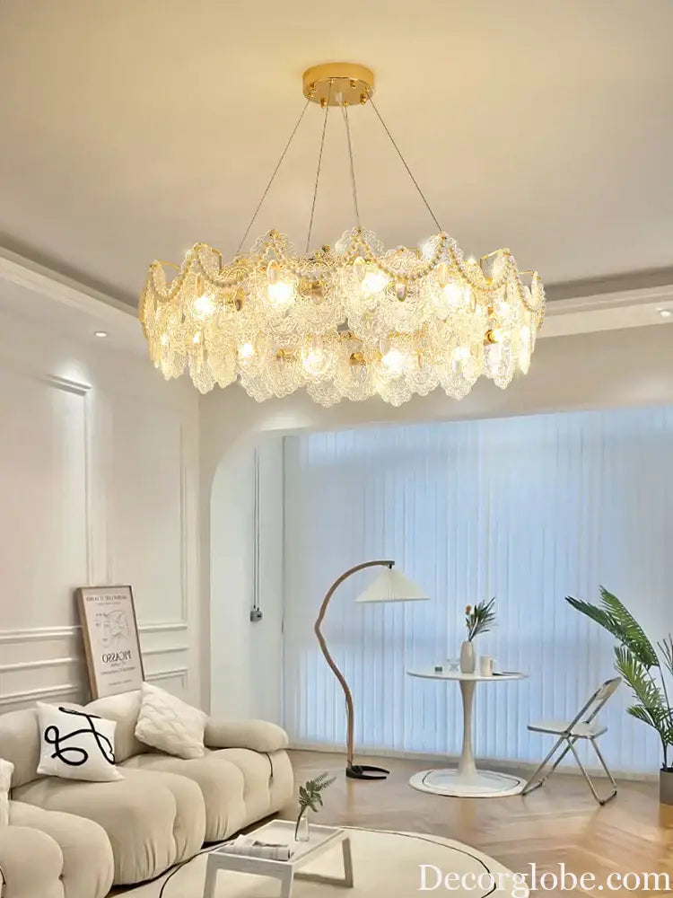 Elegant French Light Luxury Glass Chandelier - Modern Golden Rectangular Dining Room and Living Room Lighting Fixture - DecorGlobe