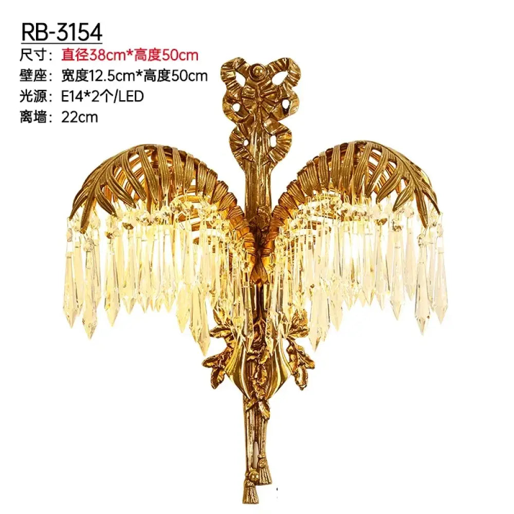 French Palm Leaf Copper Crystal Chandelier – Luxury Pendant Light 2 bulbs W36H50E20cm Chandelier