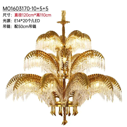 French Palm Leaf Copper Crystal Chandelier – Luxury Pendant Light 20 bulbs D120H110cm Chandelier