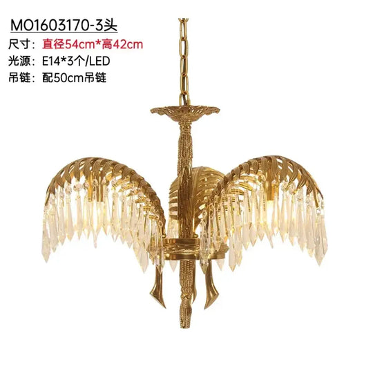 French Palm Leaf Copper Crystal Chandelier – Luxury Pendant Light 3 bulbs D55H45cm Chandelier