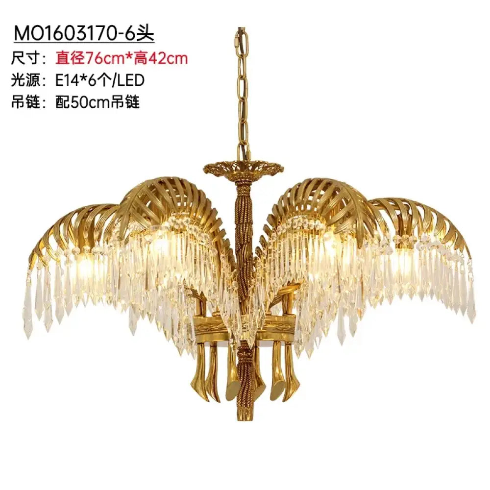 French Palm Leaf Copper Crystal Chandelier – Luxury Pendant Light 6 bulbs D76H45cm Chandelier