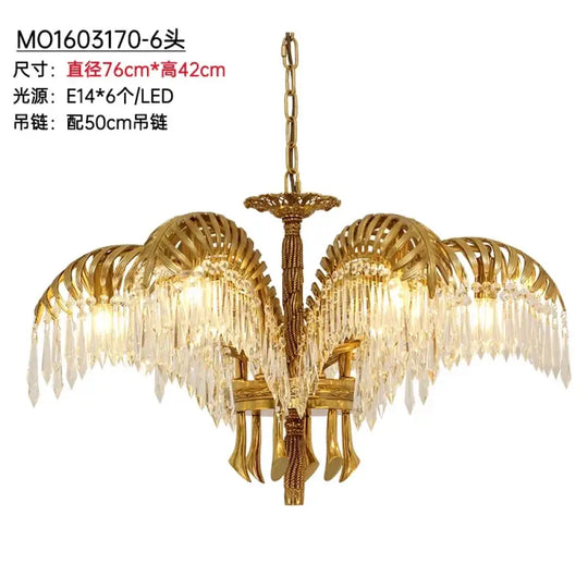 French Palm Leaf Copper Crystal Chandelier – Luxury Pendant Light 6 bulbs D76H45cm Chandelier