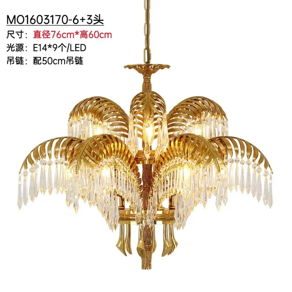 French Palm Leaf Copper Crystal Chandelier – Luxury Pendant Light 9 bulbs D76H63cm Chandelier