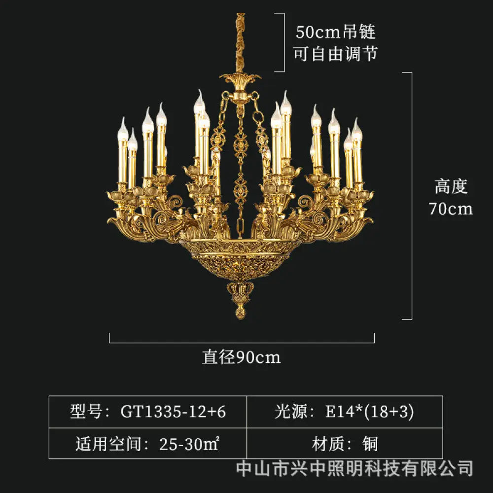 French-Style Copper Crystal Chandelier for Luxury Villas 12 + 6-Head Chandelier (Diameter 90cm Height 70cm)
