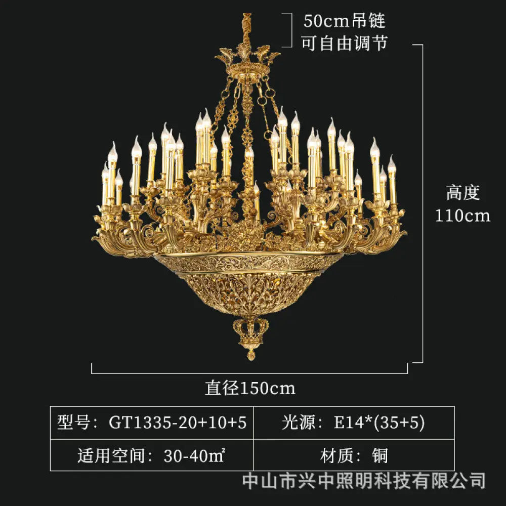 French-Style Copper Crystal Chandelier for Luxury Villas 20 + 10 + 5-Head Chandelier (Diameter 150cm Height 110cm)